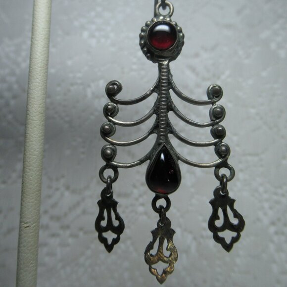 Vintage Sterling Silver 925 Garnet Dangle Earrings Boho Ethnic Tribal Cabochon - Picture 8 of 16